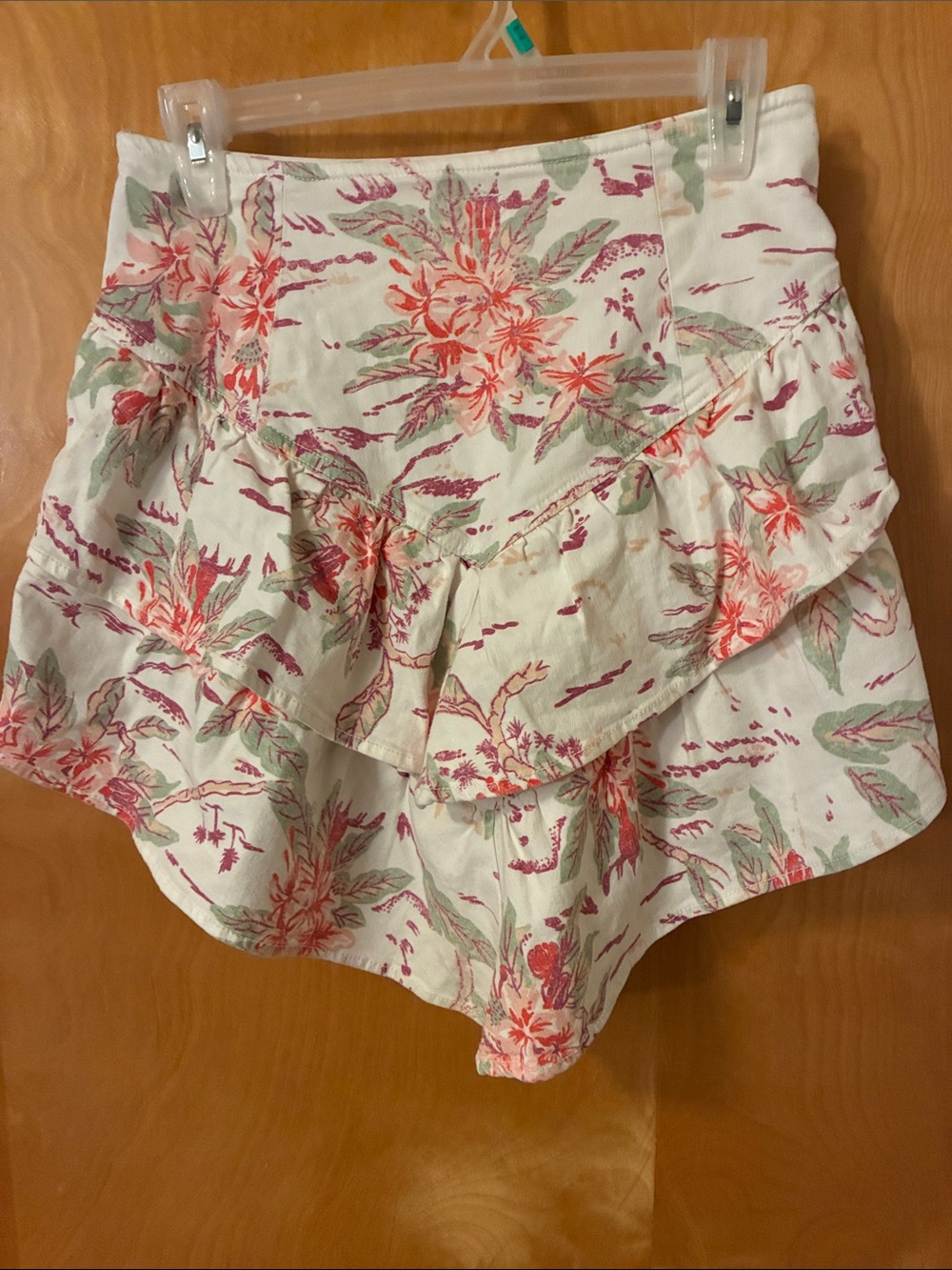 Mother floral Ruffle Mini Skirt - White with Pink & Green Print Sz 27